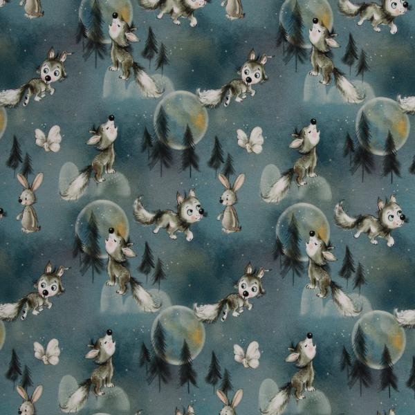 Baumwolljersey Jerry Kleine Wölfe auf Blau von Swafing